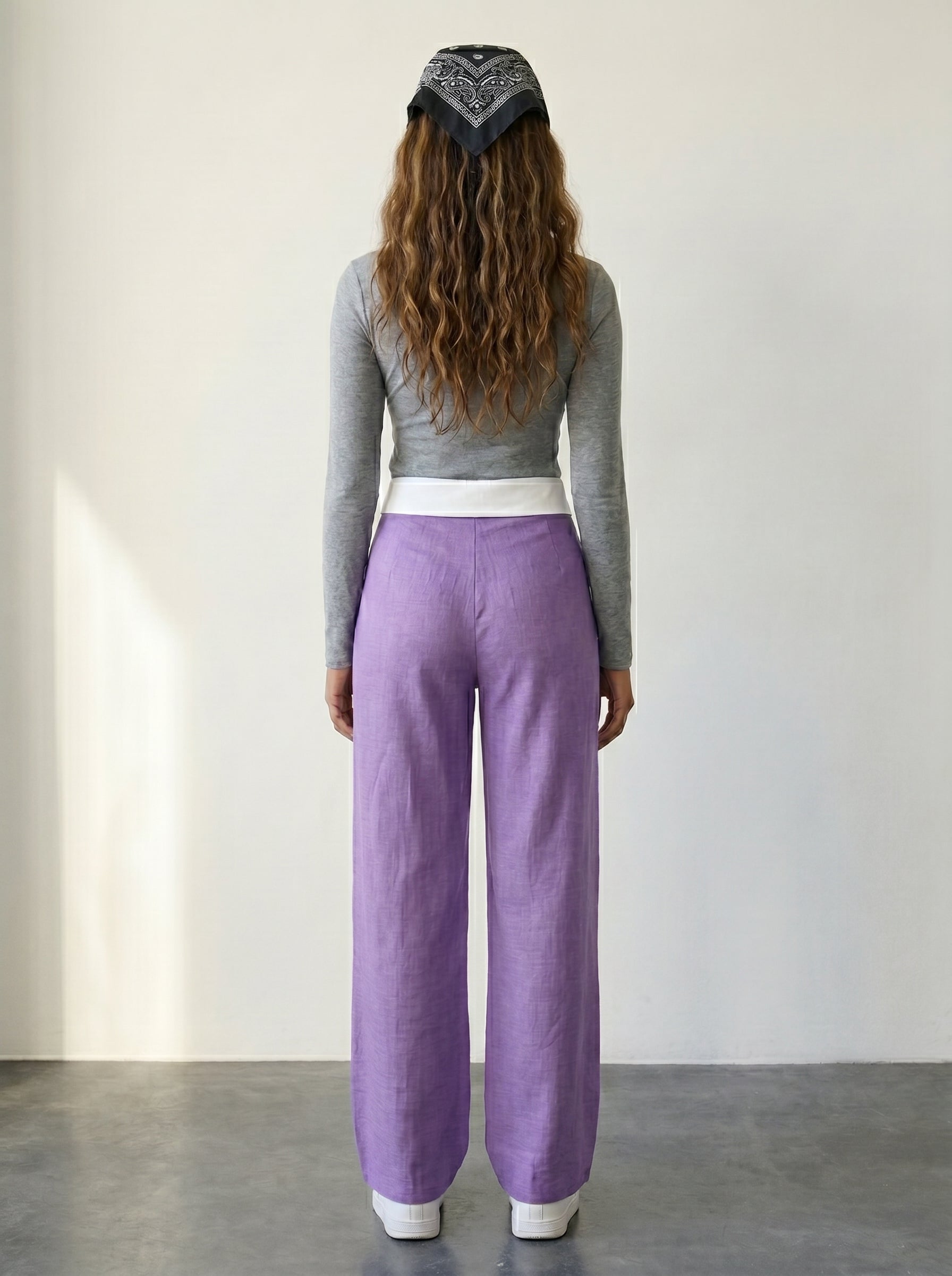 Purple Woven Wide Leg Trousers With Fold Over Waist Detail And High Waist