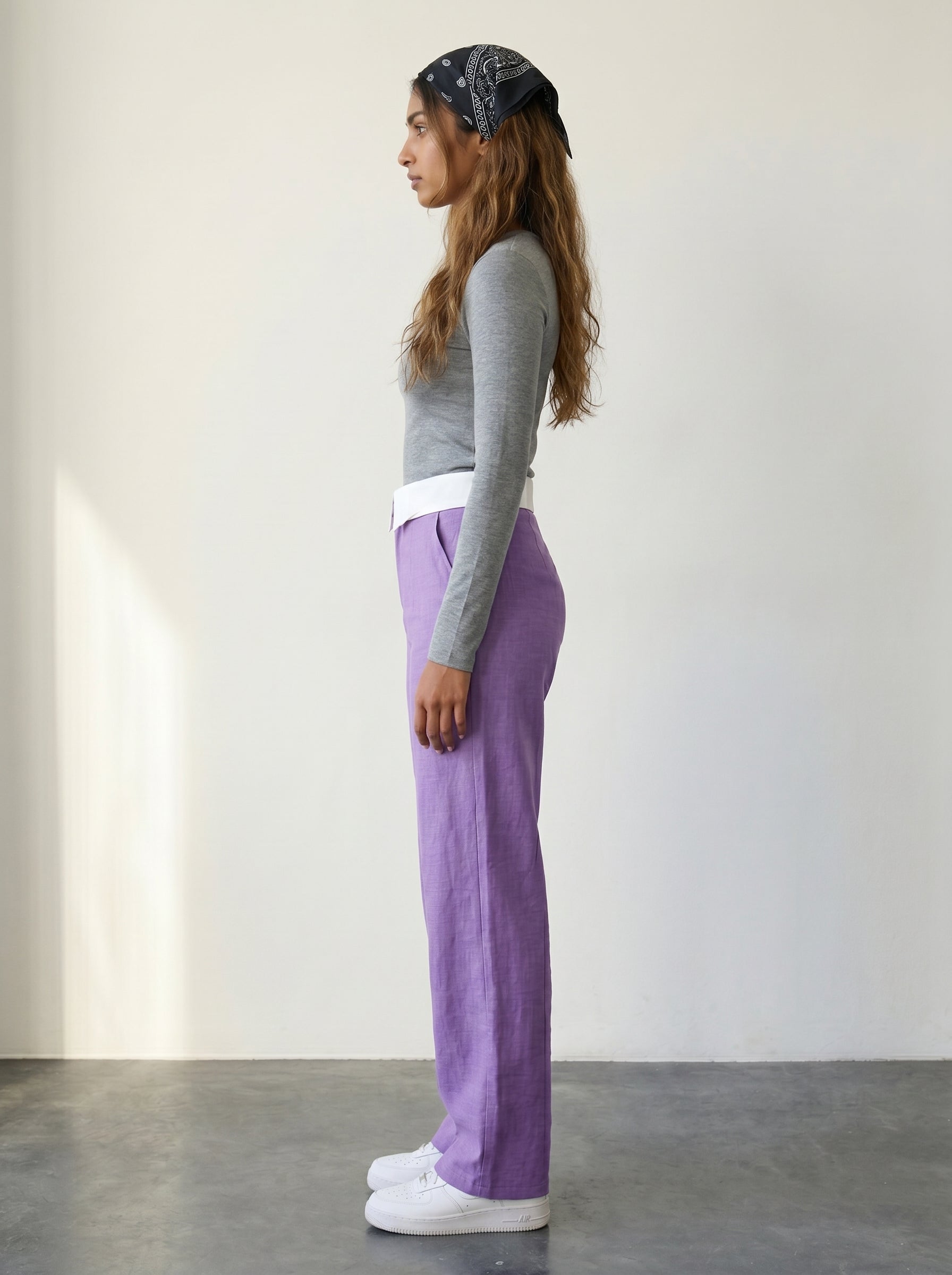 Purple Woven Wide Leg Trousers With Fold Over Waist Detail And High Waist