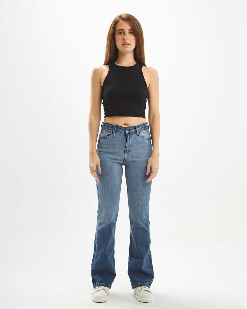 High-waisted flared jeans with tiered detailing.