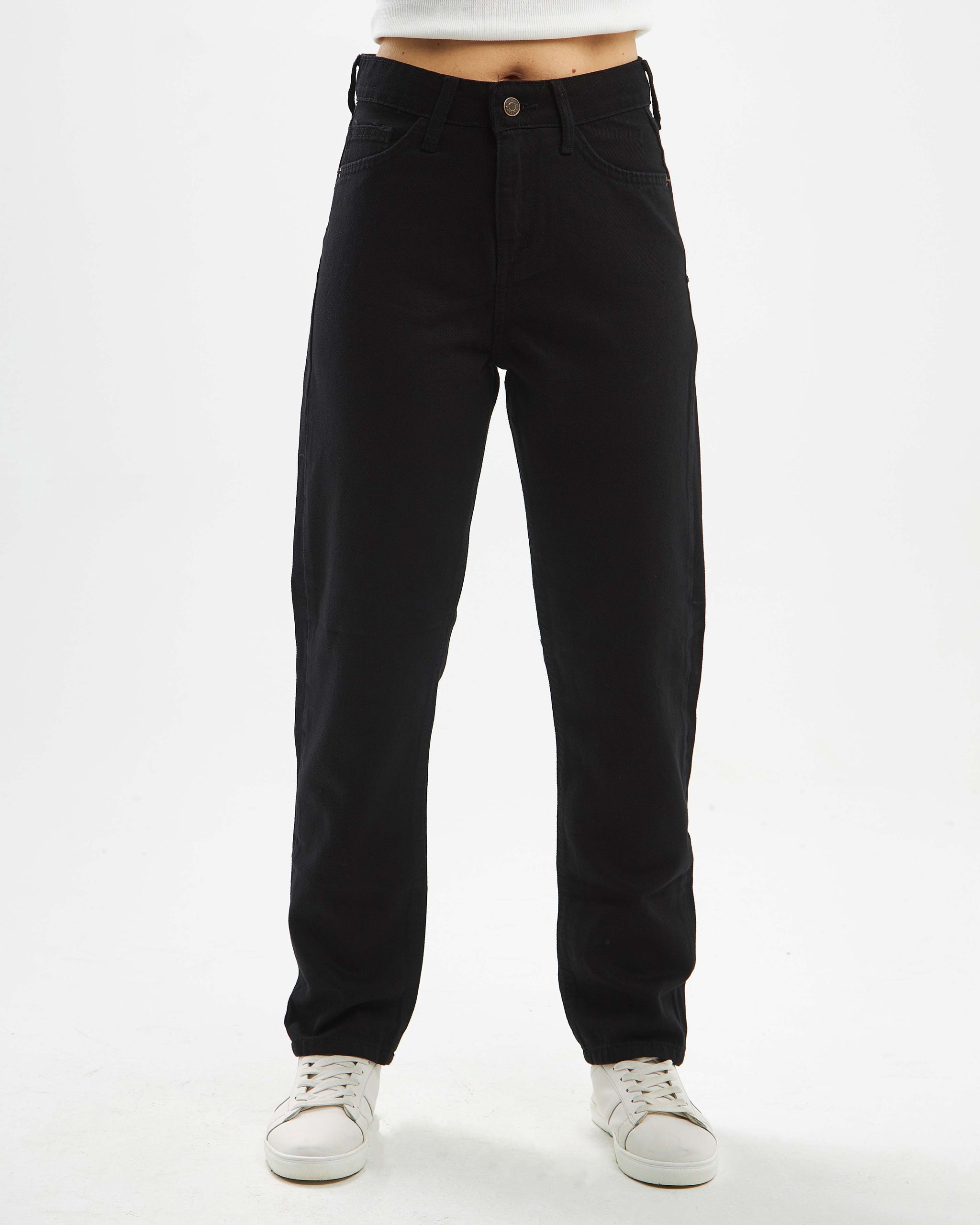 Black high-waisted mom-fit jeans.