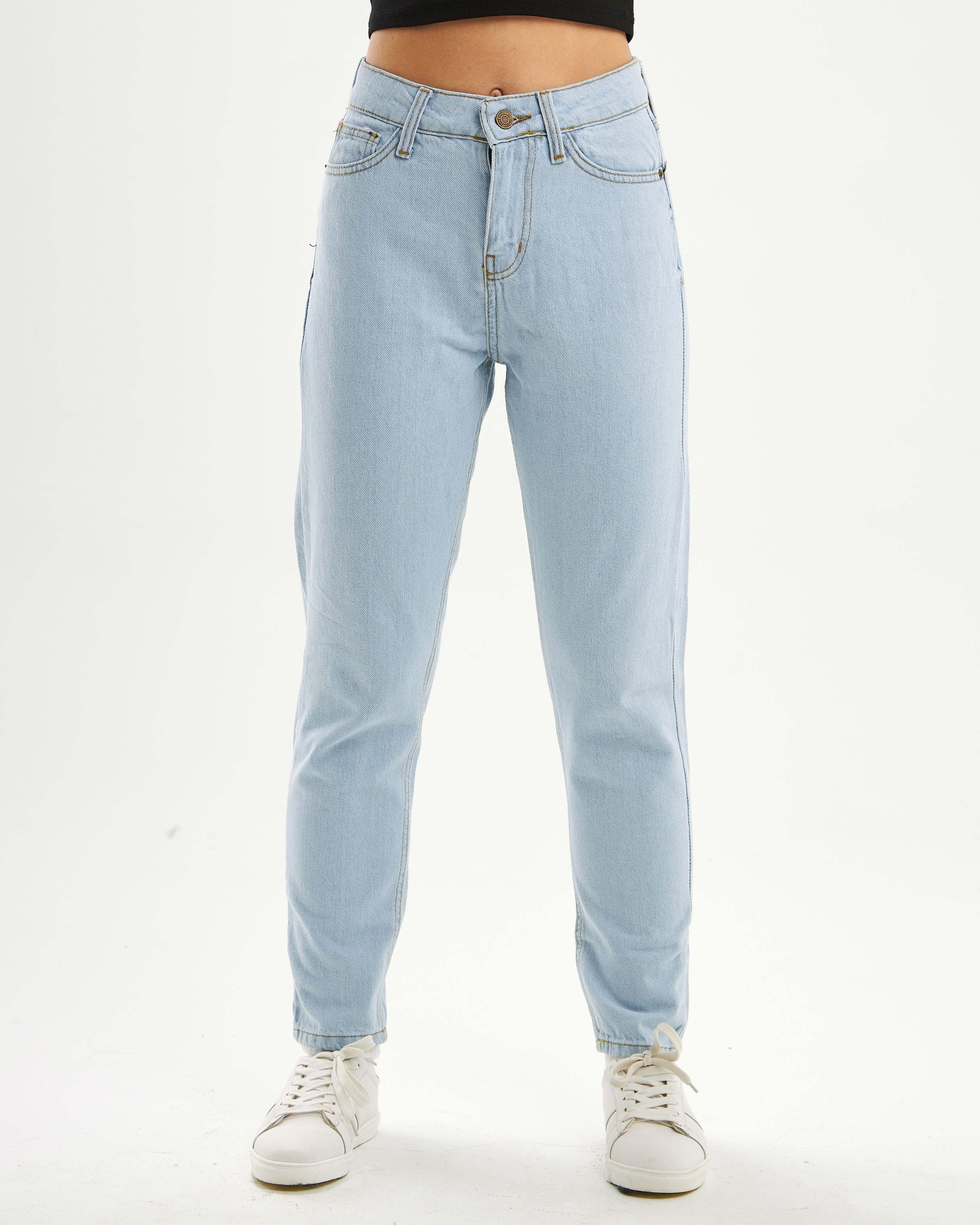 Mom fit high-waisted jeans.