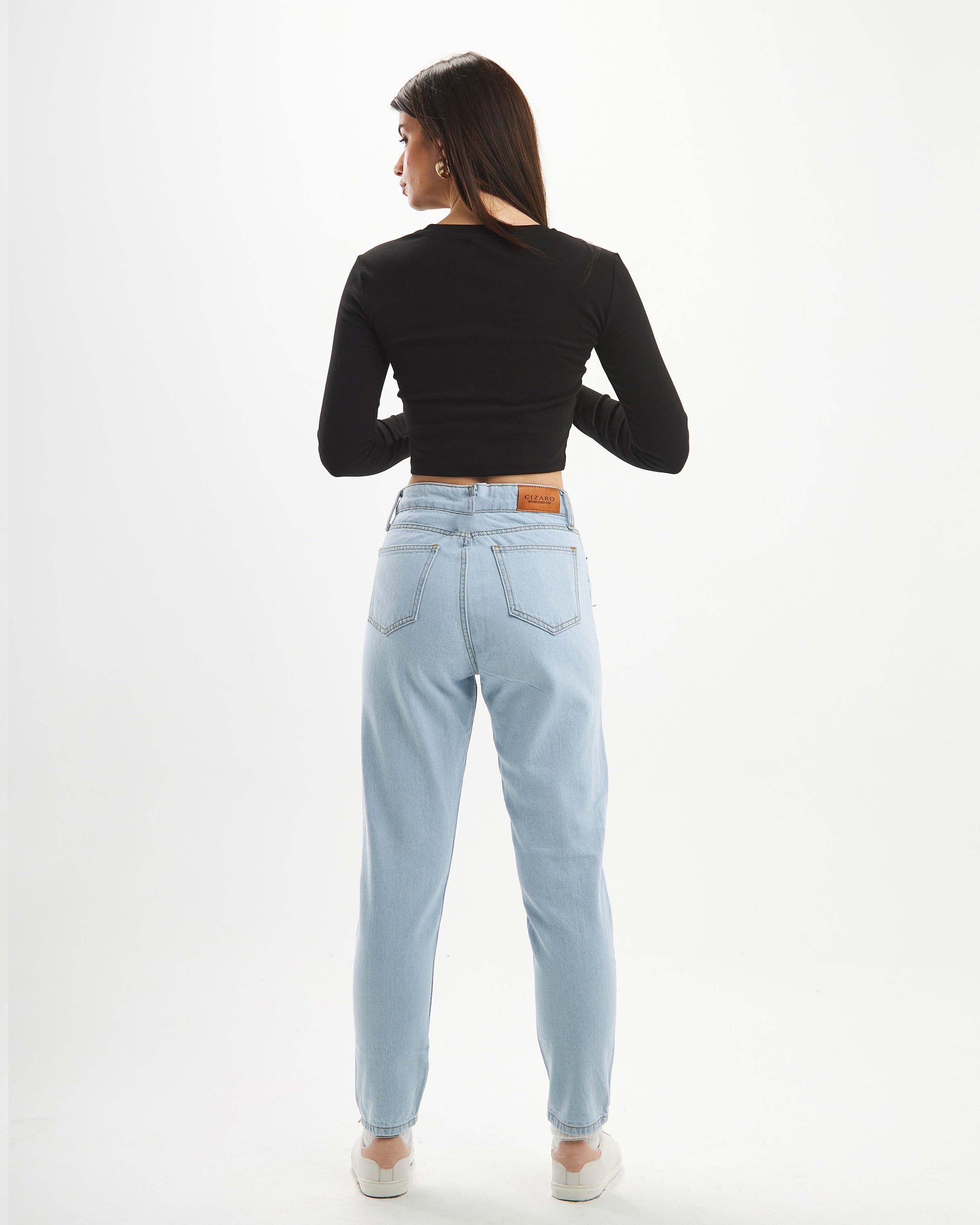 Mom fit high-waisted jeans.