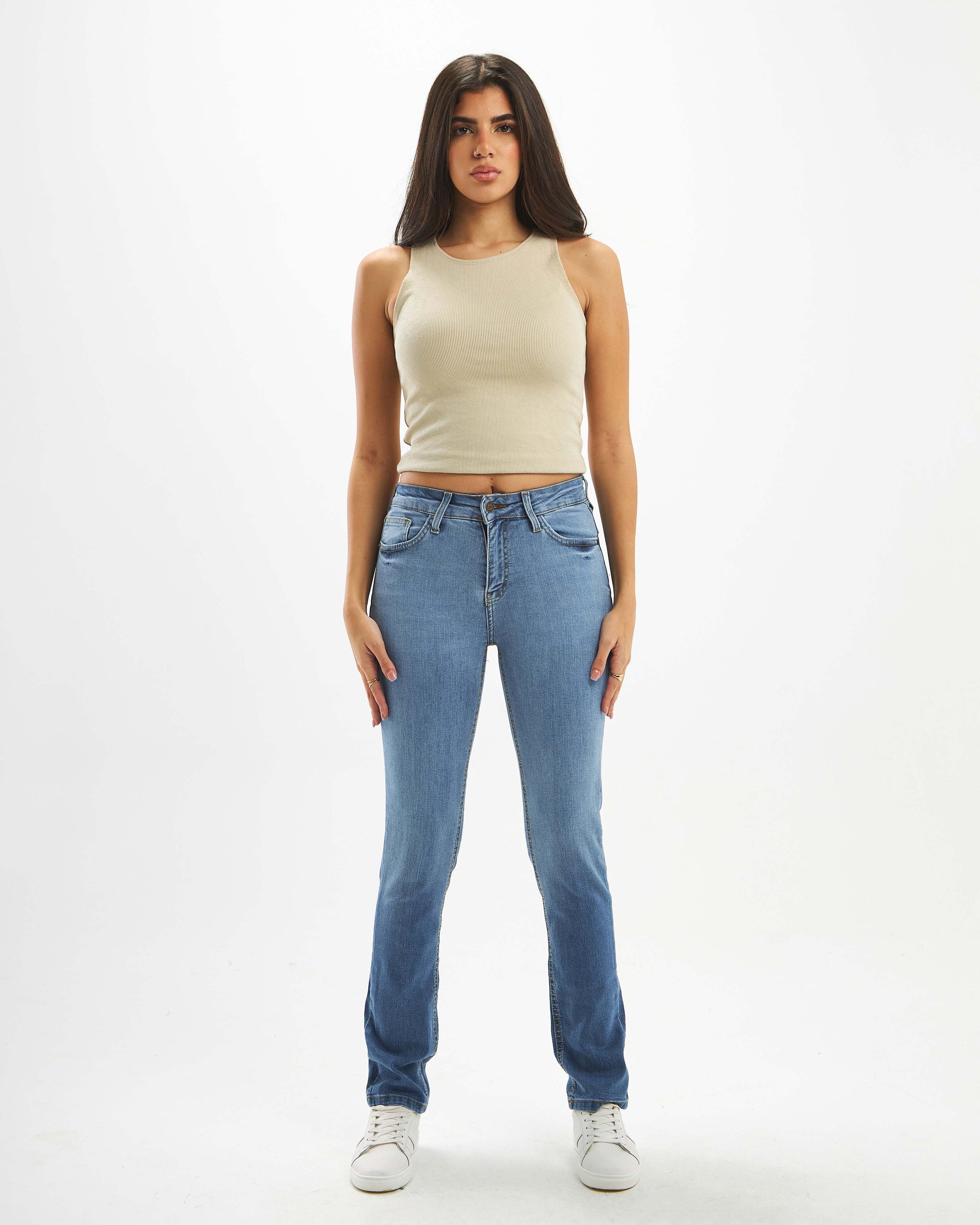 High-waisted, ombré-washed, flare-leg skinny jeans.