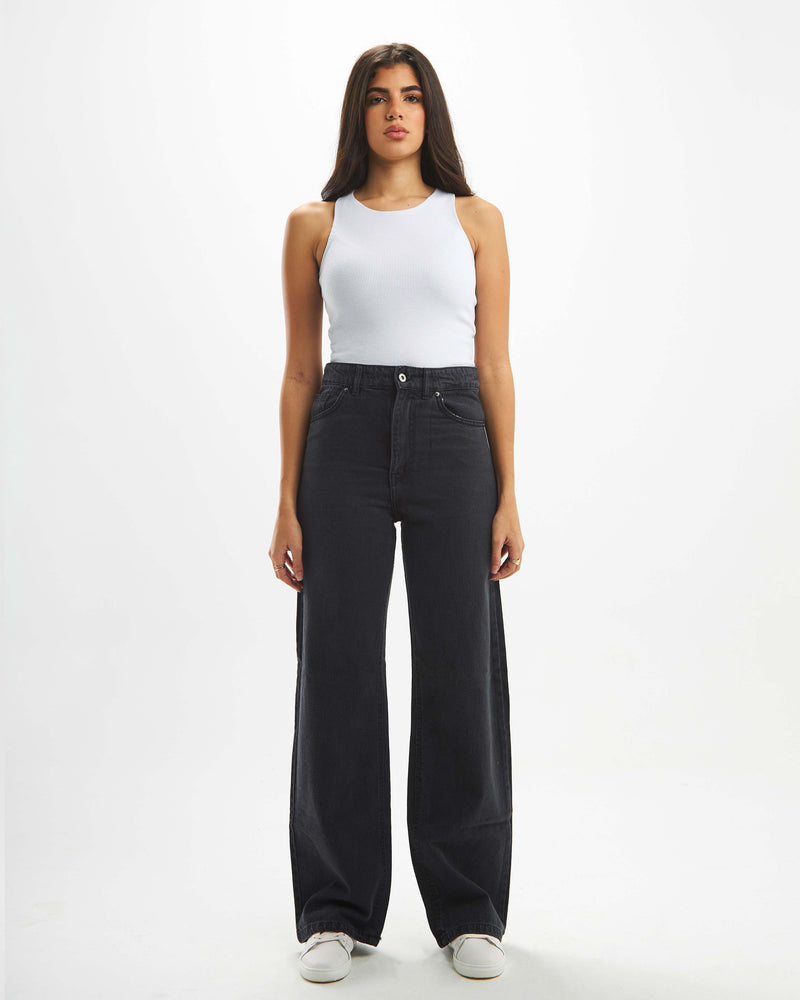 Pale gray, straight-leg, high-waisted jeans.