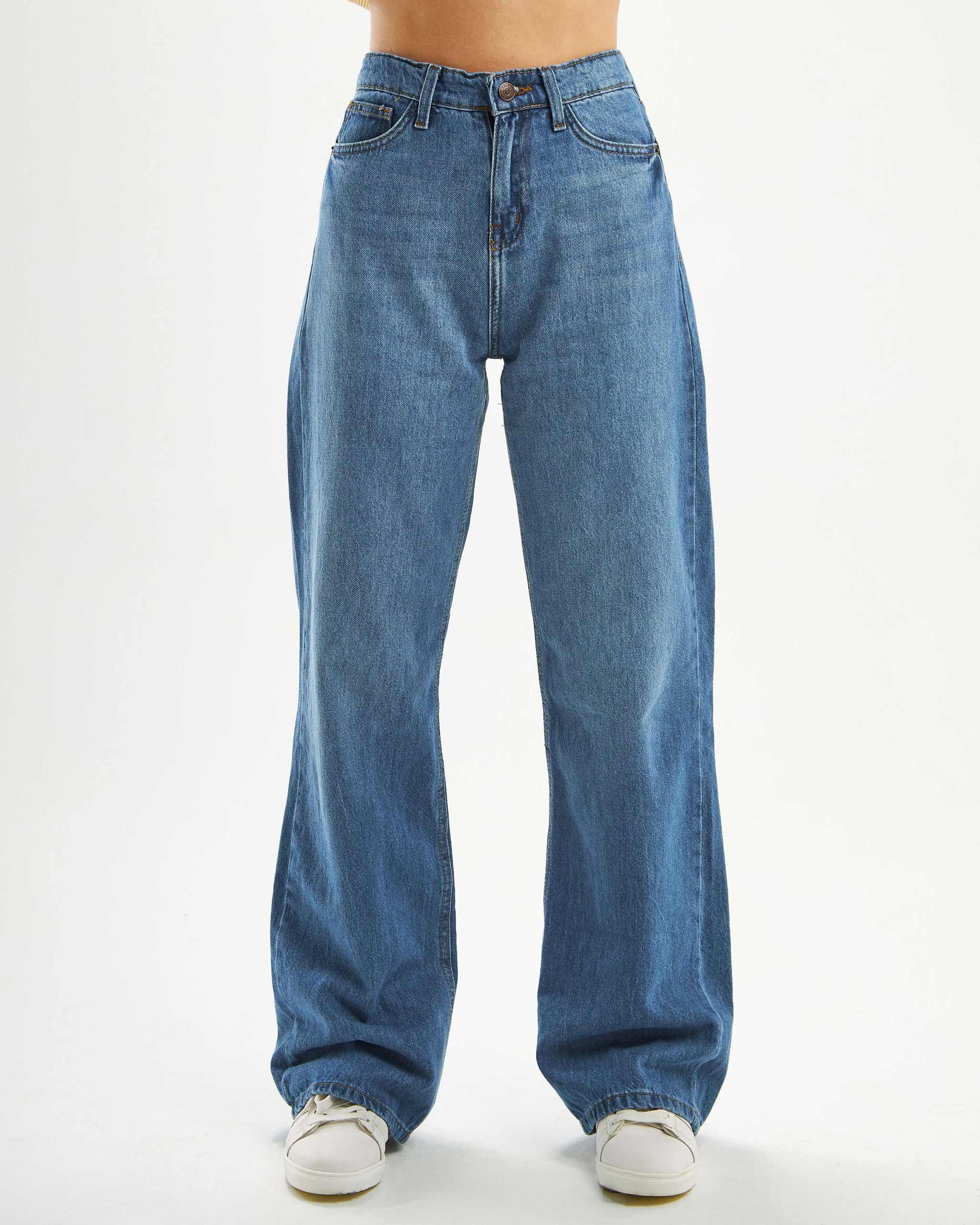High-waisted, wide-leg jeans with ombre detail.