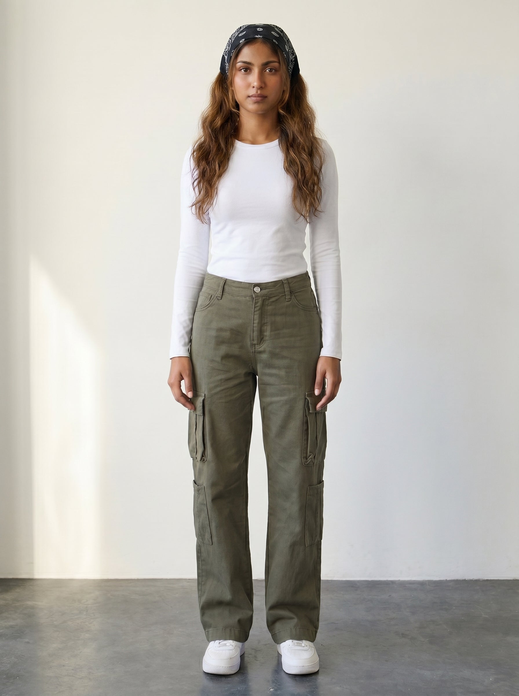 Olive Cargo Straight-Leg High-Waisted Jeans