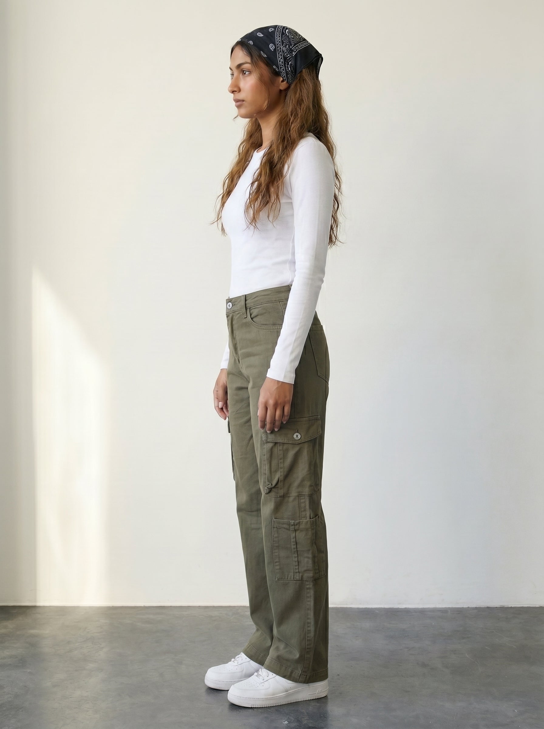 Olive Cargo Straight-Leg High-Waisted Jeans
