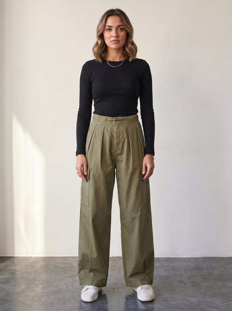 Olive high-waisted cargo pants with drawstring.