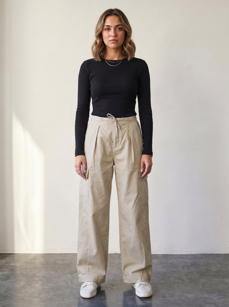 High-waisted beige cargo pants with drawstring