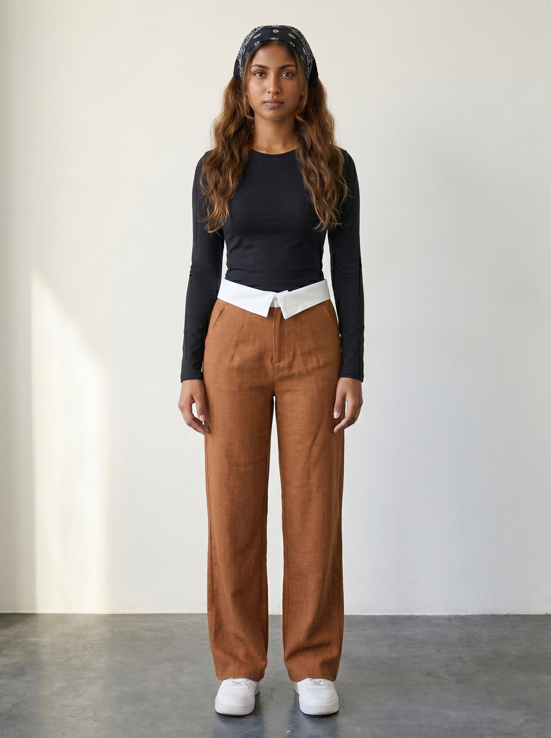 Brown Woven Wide Leg Trousers With Fold Over Waist Detail And High Rise