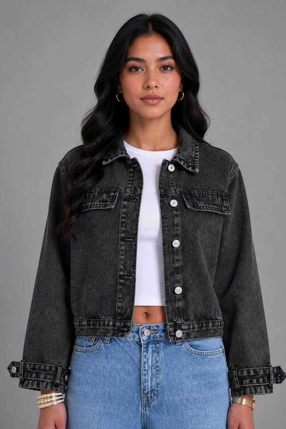 Denim Edge Cropped Jacket | Washed Black Jacket CIZARO - Cizaro Jeans
