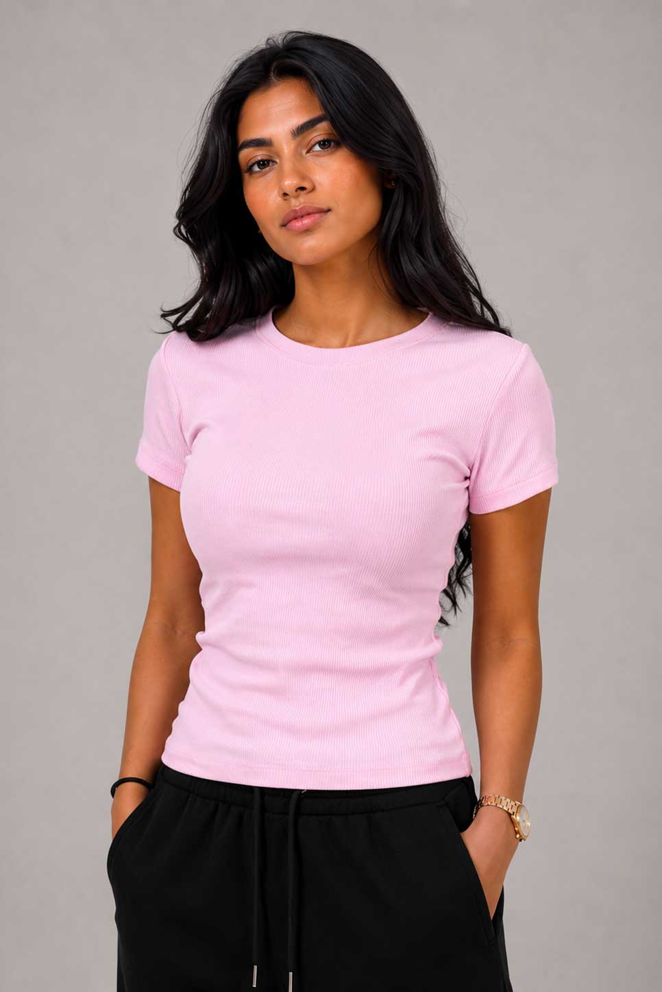 Short Sleeve Crew Neck Ribbed Top – Pink Top CIZARO - Cizaro Jeans