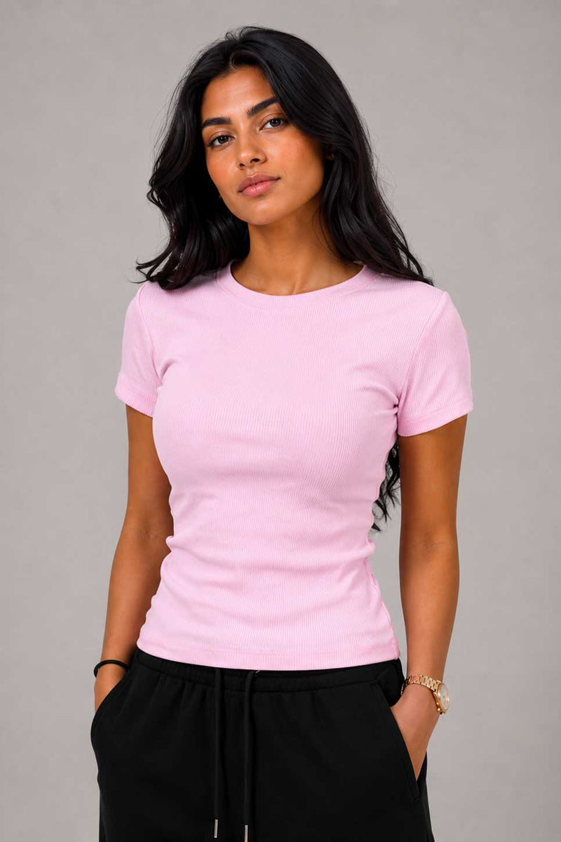 Short Sleeve Crew Neck Ribbed Top – Pink Top CIZARO - Cizaro Jeans