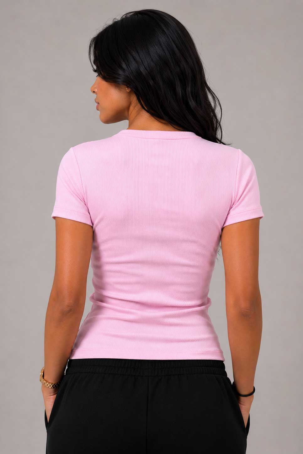 Short Sleeve Crew Neck Ribbed Top – Pink Top CIZARO - Cizaro Jeans