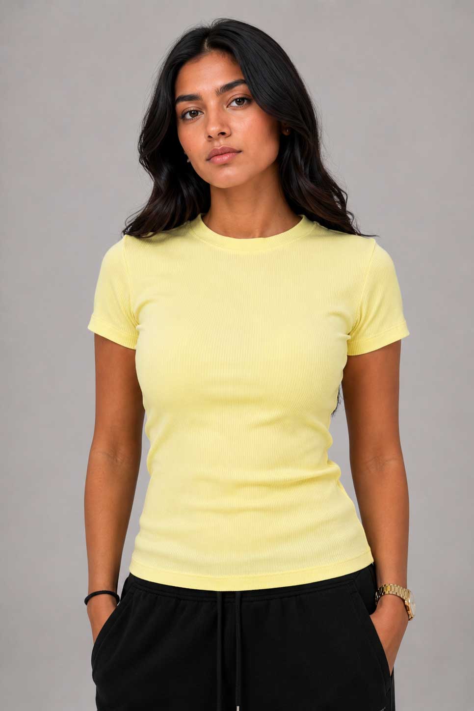 Short Sleeve Crew Neck Ribbed Top – Butter Yellow Top CIZARO - Cizaro Jeans