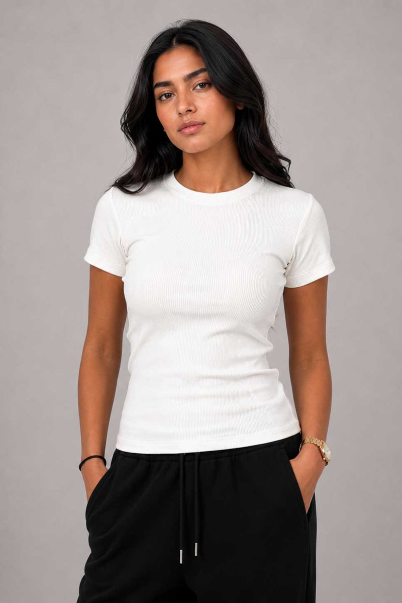 Short Sleeve Crew Neck Ribbed Top – White Top CIZARO - Cizaro Jeans