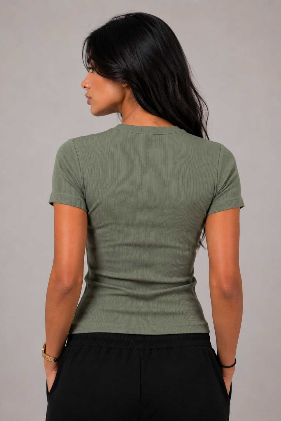 Short Sleeve Crew Neck Ribbed Top – Olive Top CIZARO - Cizaro Jeans