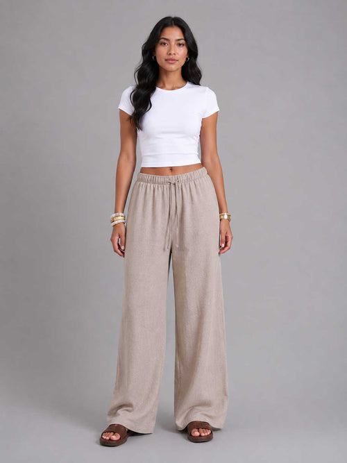 Wide Leg Pants – Linen Effect Soft Sand T-shirt CIZARO - Cizaro Jeans
