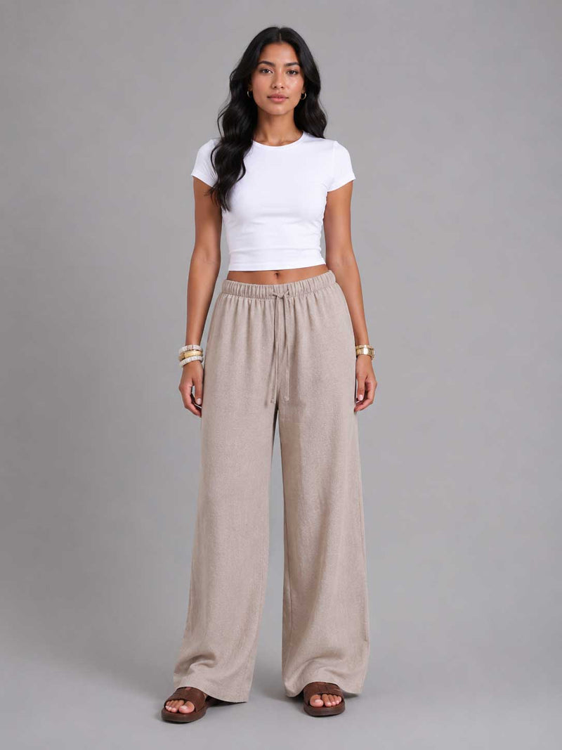 Wide Leg Pants – Linen Effect Soft Sand T-shirt CIZARO - Cizaro Jeans