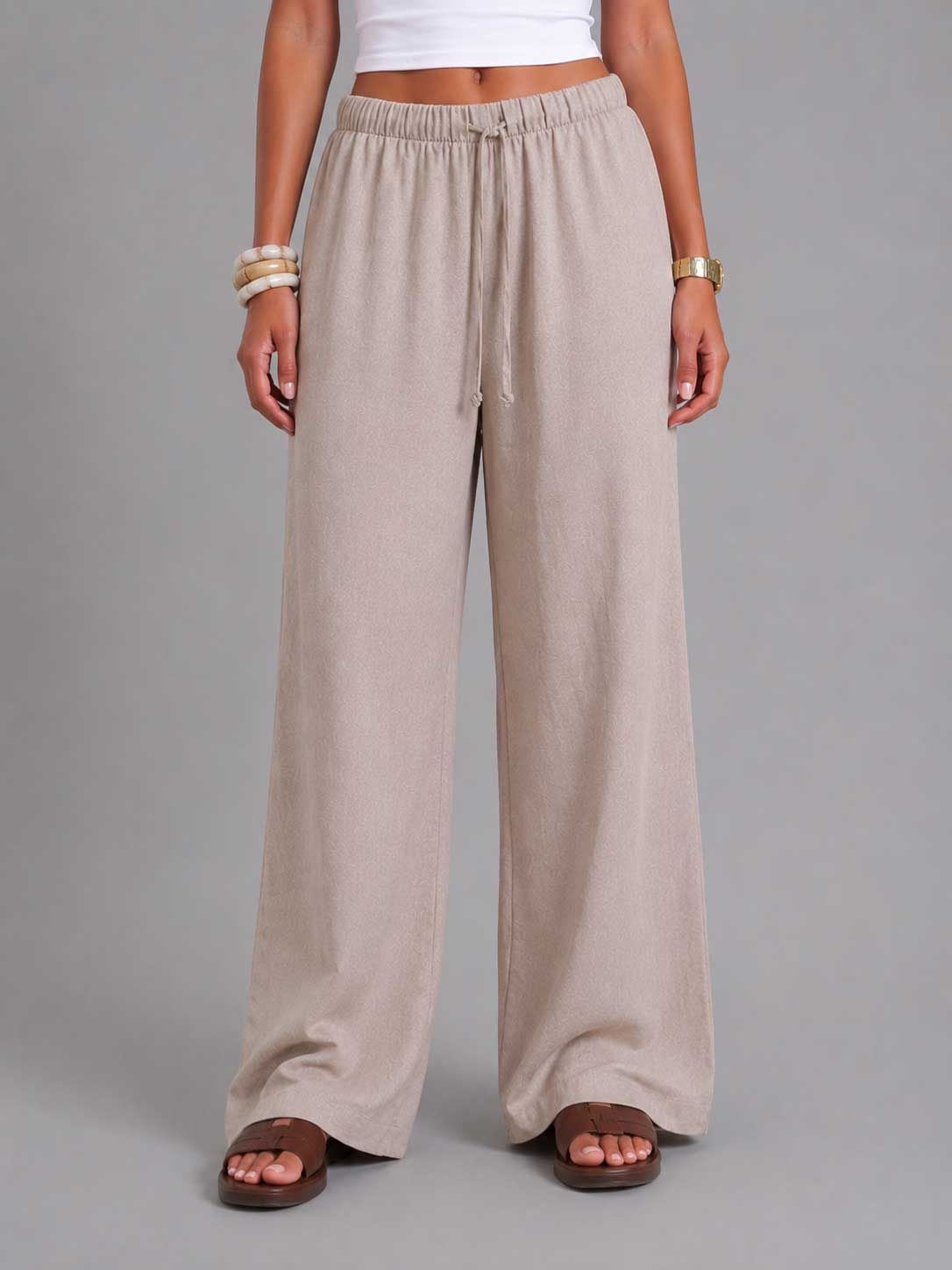Wide Leg Pants – Linen Effect Soft Sand T-shirt CIZARO - Cizaro Jeans