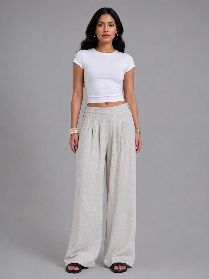 Linen Wide-Leg Pleated Trousers – Natural Beige linen pants CIZARO - Cizaro Jeans