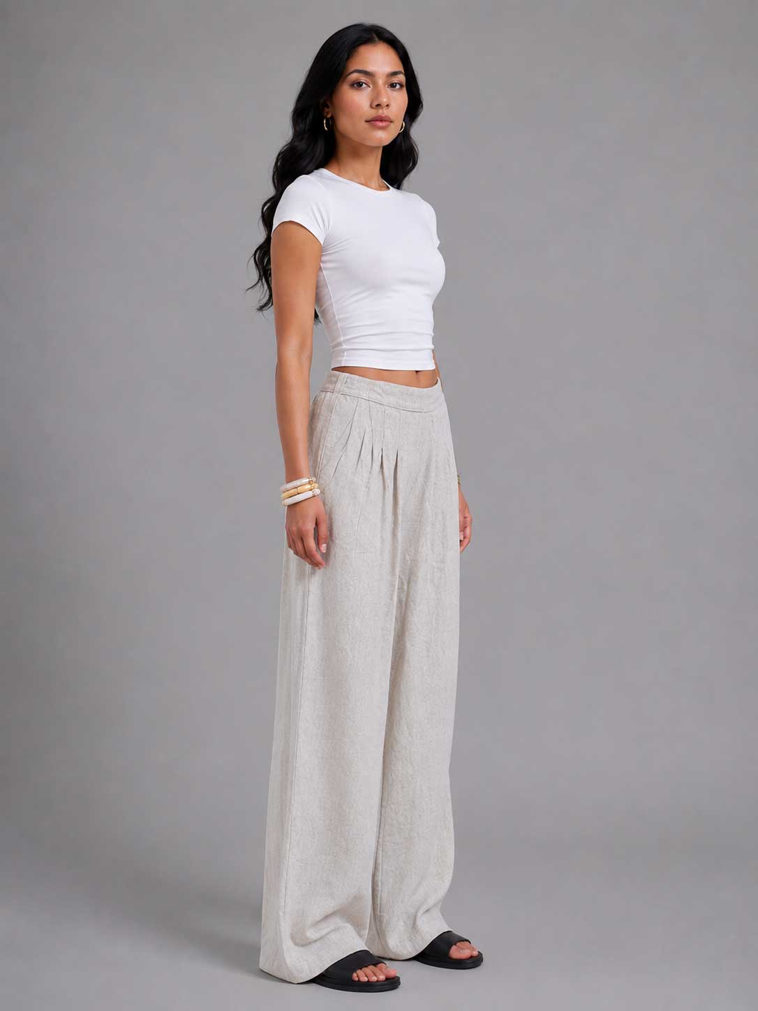 Linen Wide-Leg Pleated Trousers – Natural Beige linen pants CIZARO - Cizaro Jeans