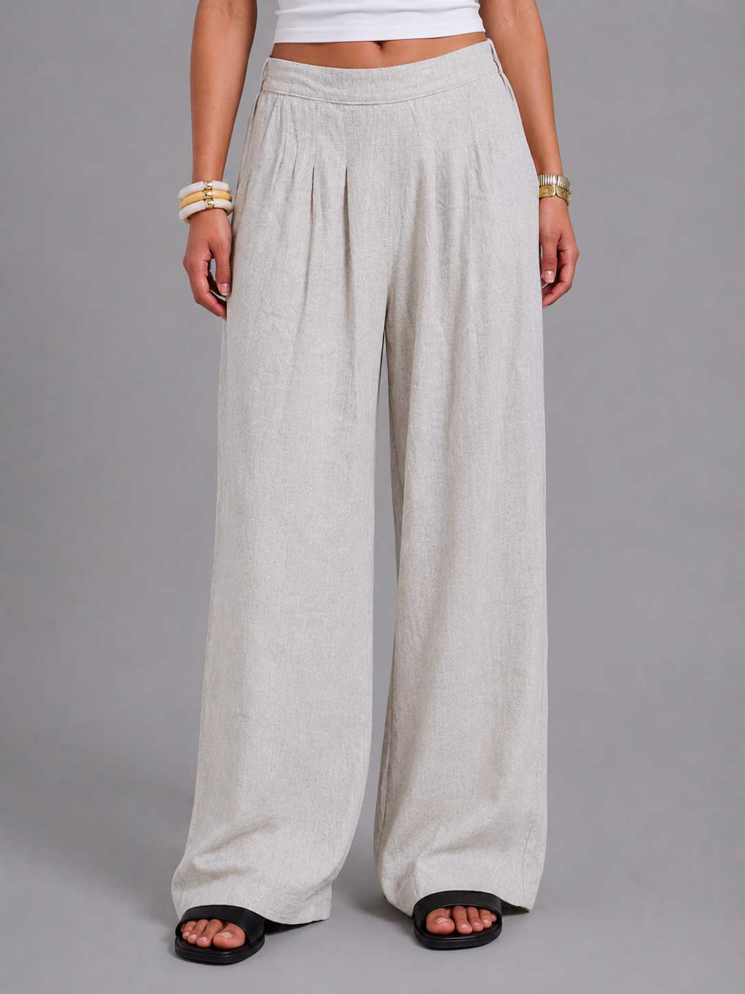 Linen Wide-Leg Pleated Trousers – Natural Beige linen pants CIZARO - Cizaro Jeans