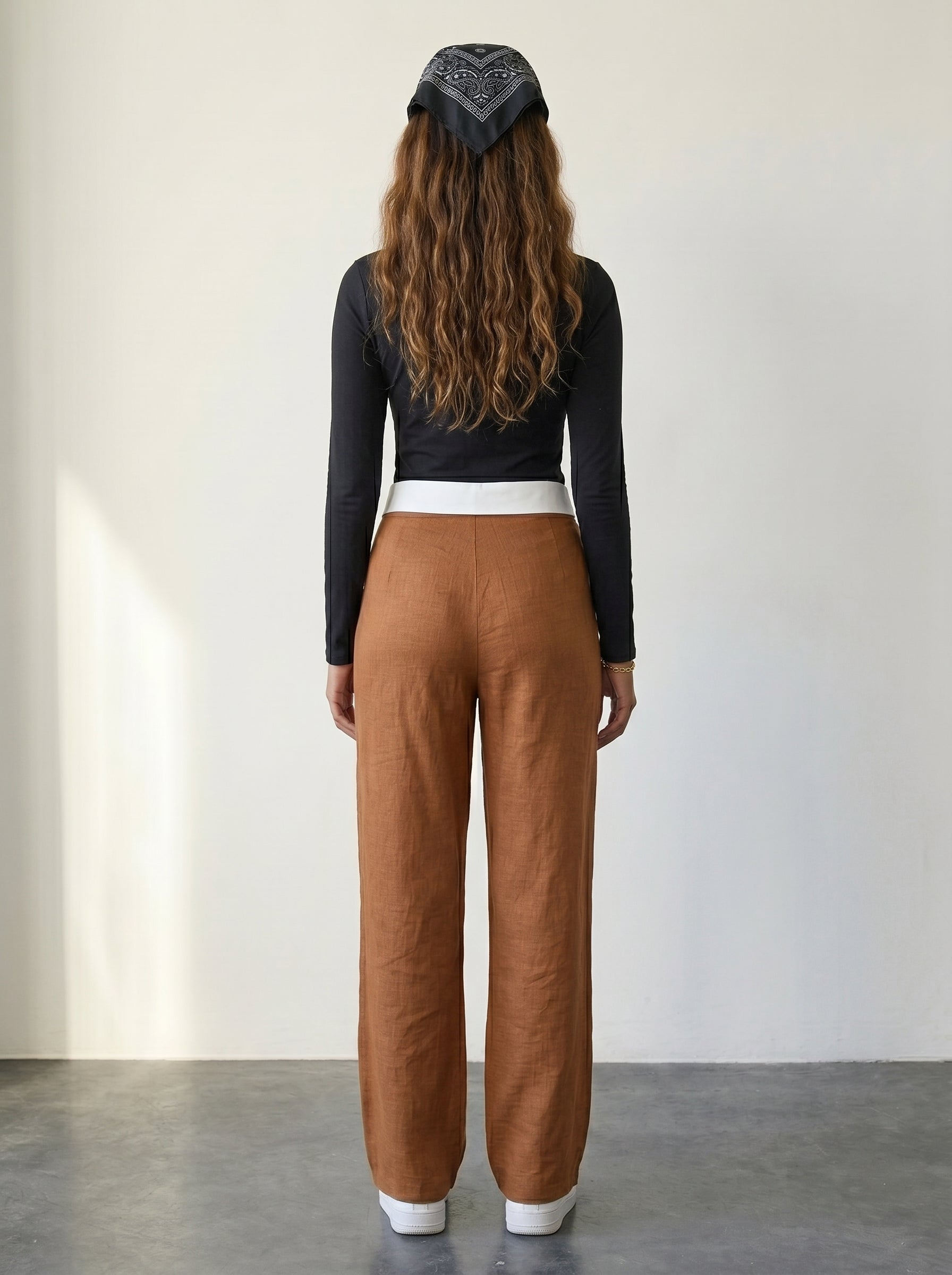 Brown Woven Wide Leg Trousers With Fold Over Waist Detail And High Rise