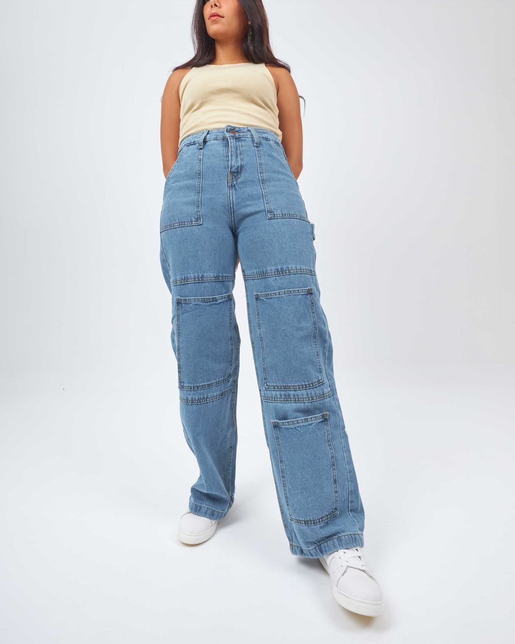High Waist Medium Wash Straight Wide Leg Cargo Jeans