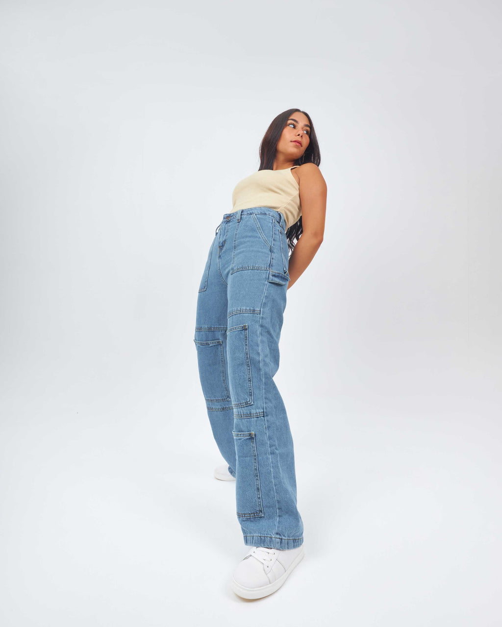 High Waist Medium Wash Straight Wide Leg Cargo Jeans