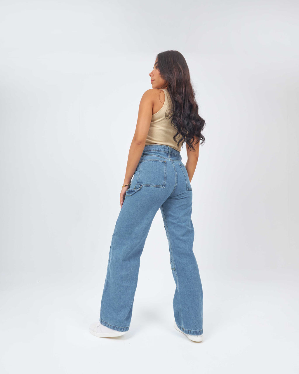 High Waist Medium Wash Straight Wide Leg Cargo Jeans