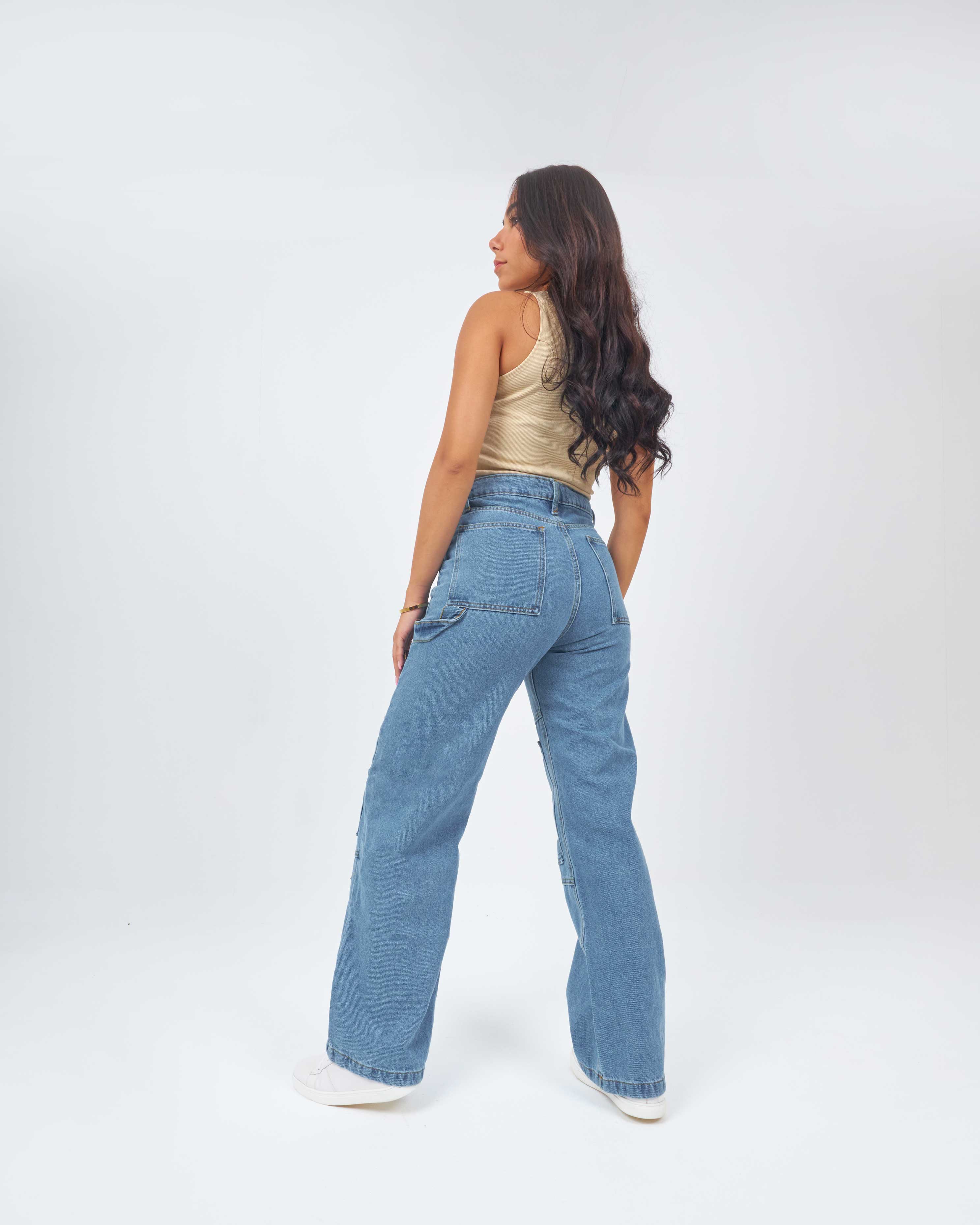 High Waist Medium Wash Straight Wide Leg Cargo Jeans
