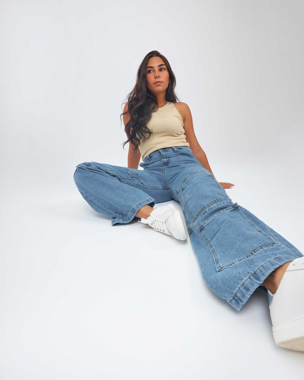 High Waist Medium Wash Straight Wide Leg Cargo Jeans