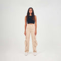 High-waisted straight-leg beige cargo jeans with pockets
