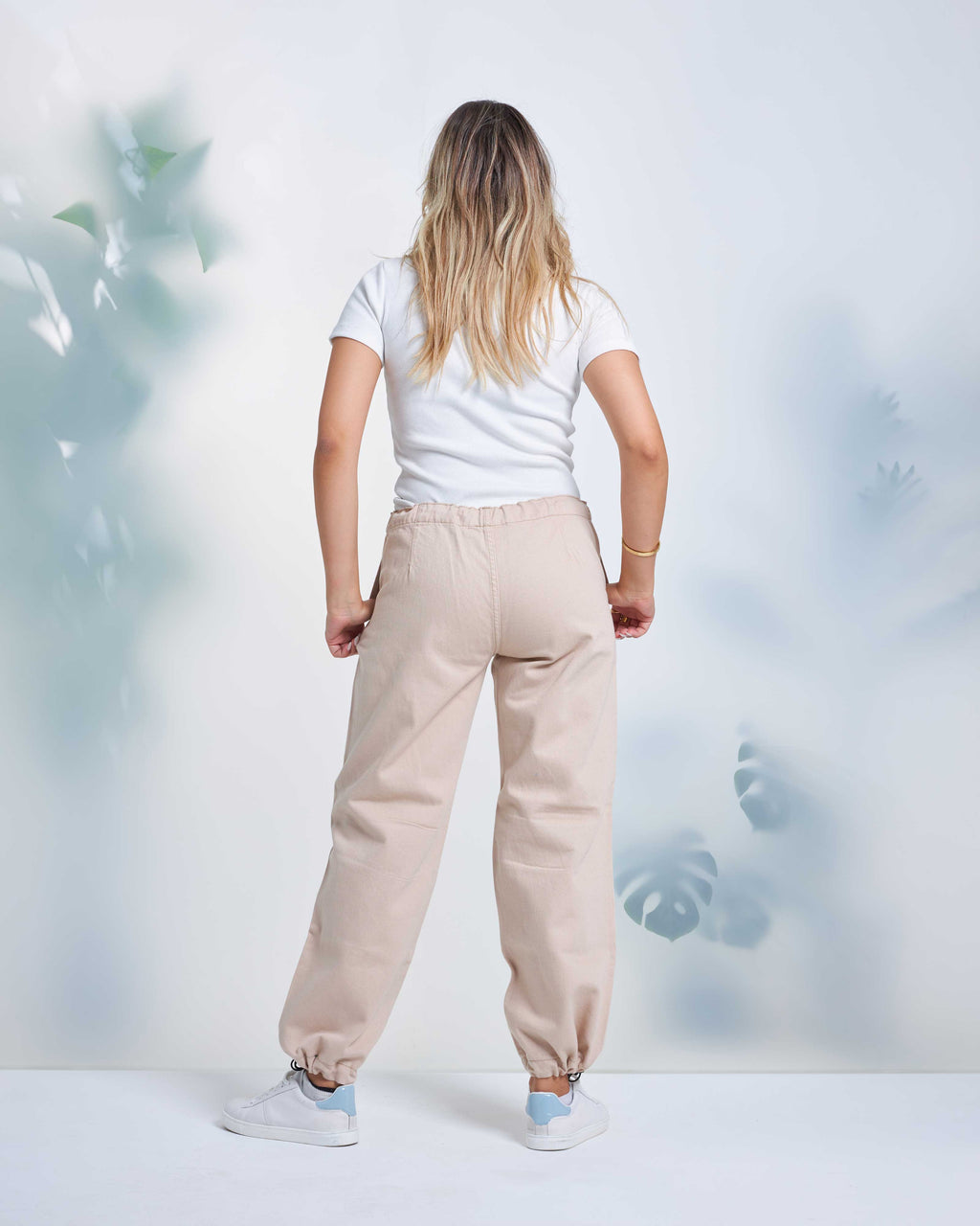 Beige Parachute Jeans with Elastic Drawstring Waist and Mid-Rise
