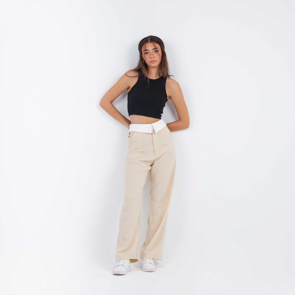 Folded Waistband Wide-Leg Trousers